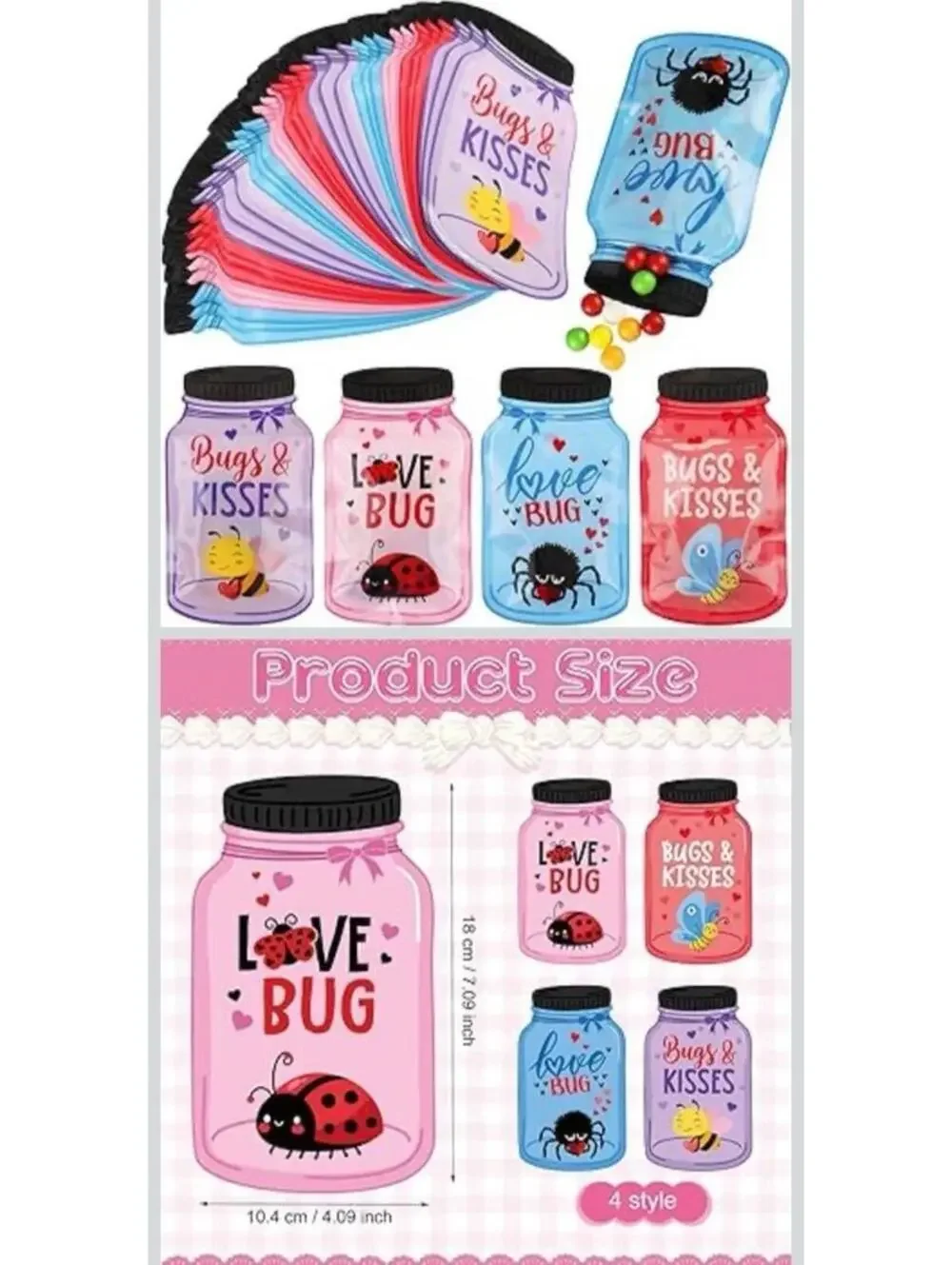 48pc Valentine's Day Mason Jar Gift Bags - Bugs & Kisses Candy Pouches - NEW